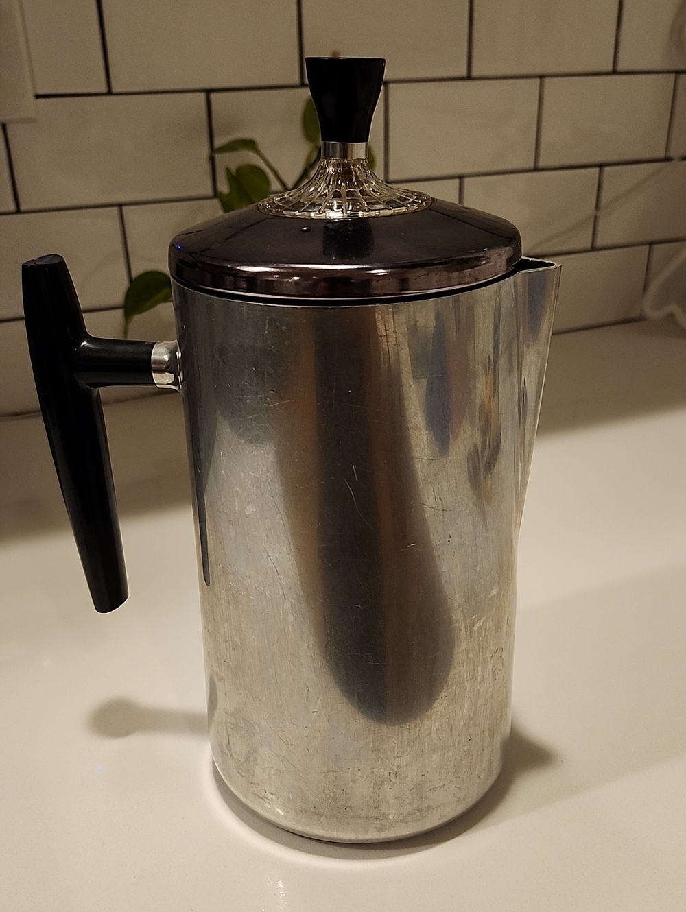 Vintage Stainless Steel Coffee Press with Black Handle and Lid